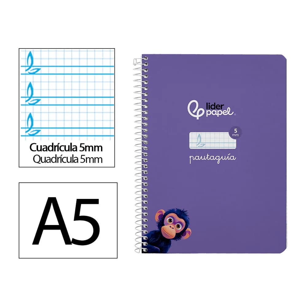 Liderpapel Cuaderno espiral liderpapel a5 pautaguia tapa dura 80h 90gr cuadro pautado 5mm color lila