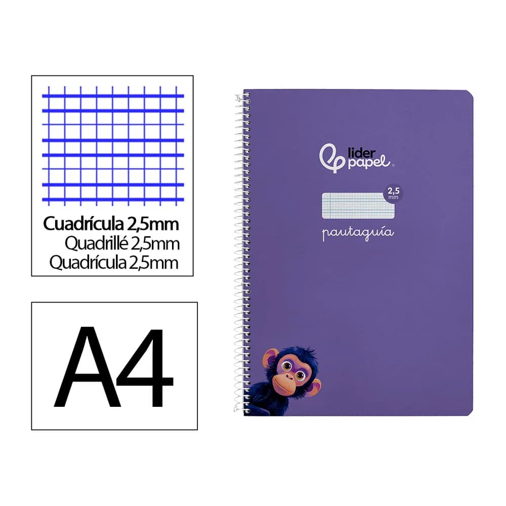 Liderpapel Cuaderno espiral liderpapel din a4 pautaguia tapa dura 80h 90 gr cuadro pautado 2,5mm color lila