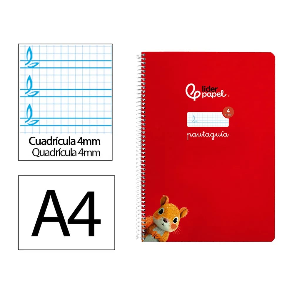 Cuaderno de espiral Liderpapel Pautaguía de tapa dura, cuadro pautado de 4 mm, 80 hojas de 90 g – Rojo