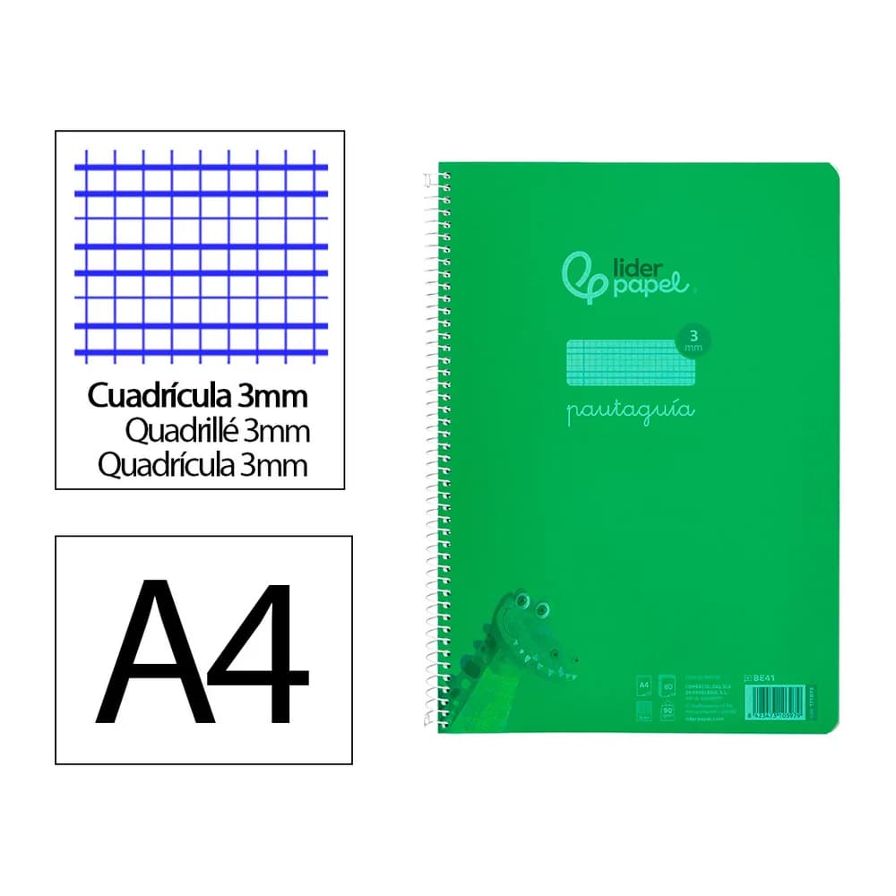 Liderpapel Cuaderno espiral liderpapel a4 pautaguia tapa plastico 80h 90gr cuadro pautado 3mm con margen