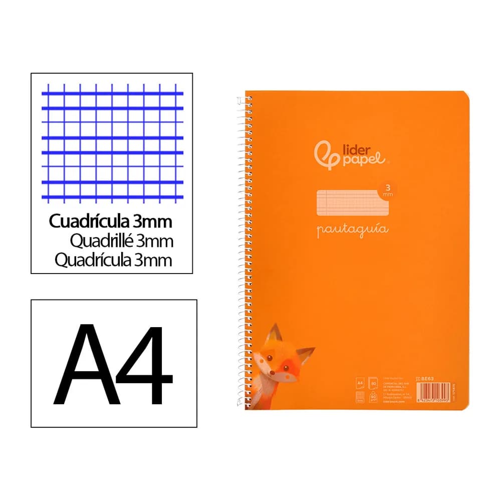 Cuaderno de espiral Liderpapel Pautaguía A4 de tapa de plástico, cuadro pautado de 3 mm con margen, 80 hojas de 90 g – Naranja