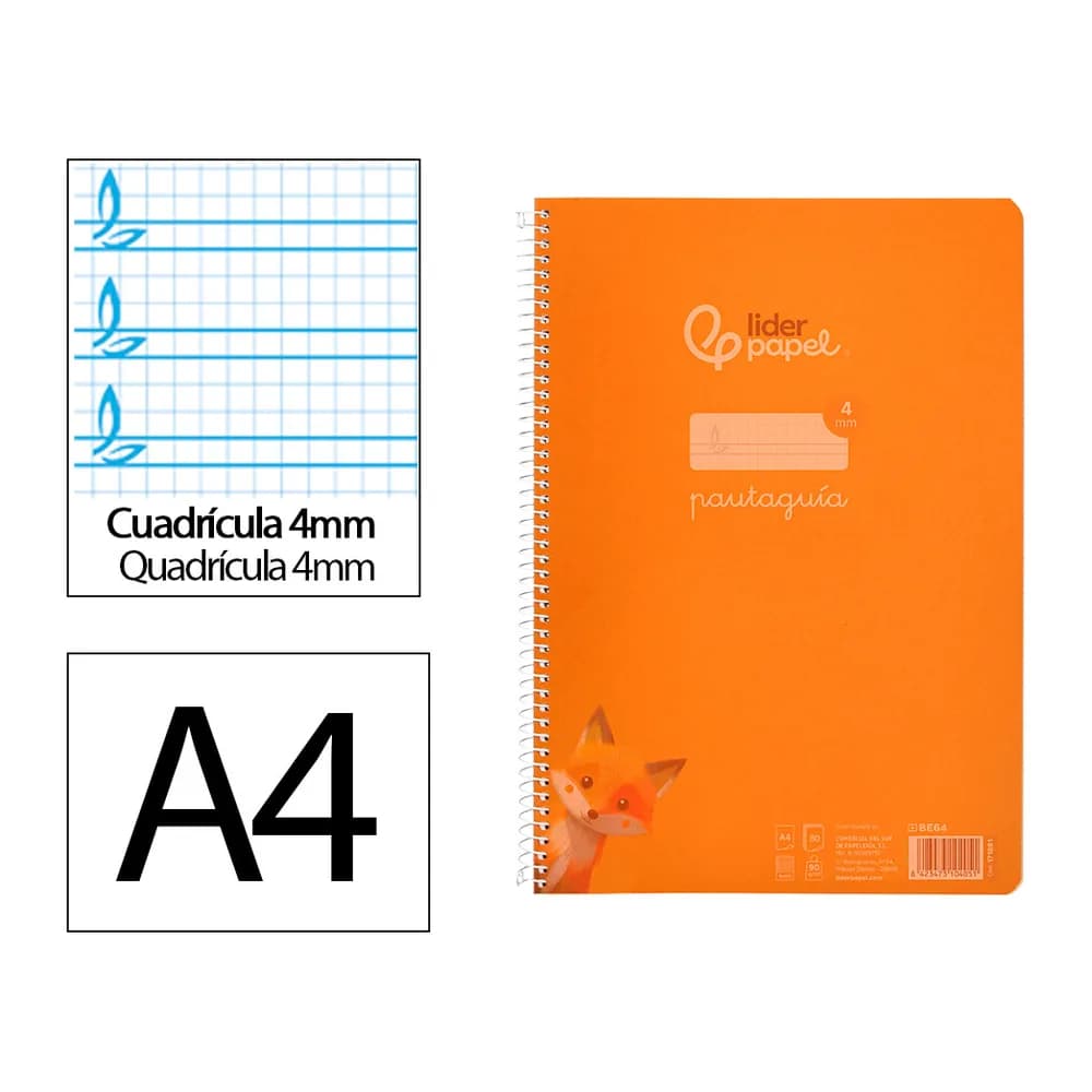 Liderpapel Cuaderno espiral liderpapel a4 pautaguia tapa plastico 80h 90gr cuadro pautado 4mm con margen