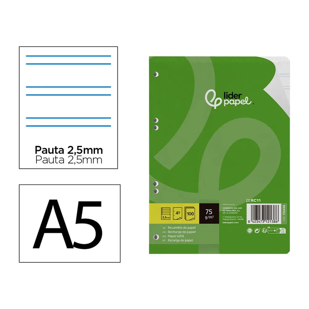 Liderpapel Recambio liderpapel a5 100 hojas 75gr pauta 5 2.5mm con margen 6 taladros