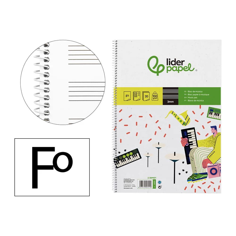Bloc musica liderpapel pentagrama 3mm folio 20 hojas 100g/m2