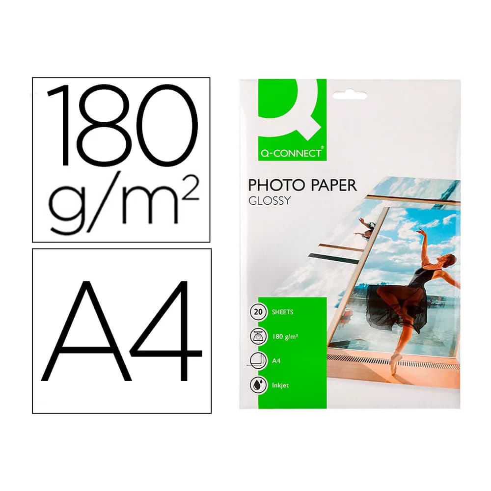 Q-connect Papel q-connect foto glossy kf01103 din a4 digital photo para ink-jet bolsa de 20 hojas de 180 gr