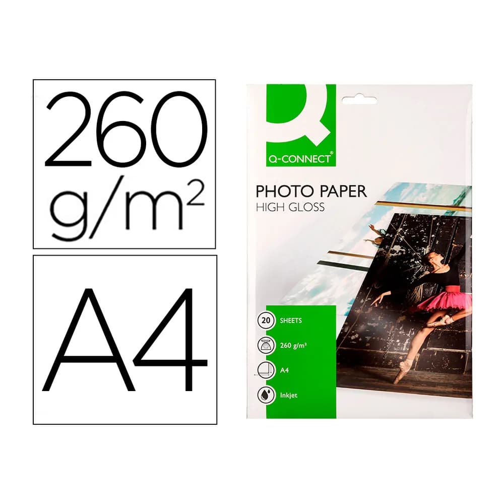 Q-connect Papel q-connect foto glossy kf02163 din a4 alta calidad digital photo para ink-jet bolsa de 20 hojas de 260 gr