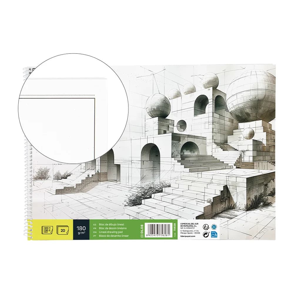 Liderpapel Bloc dibujo liderpapel lineal espiral 230x325mm 20 hojas 180 gr/m2 con recuadro perforado
