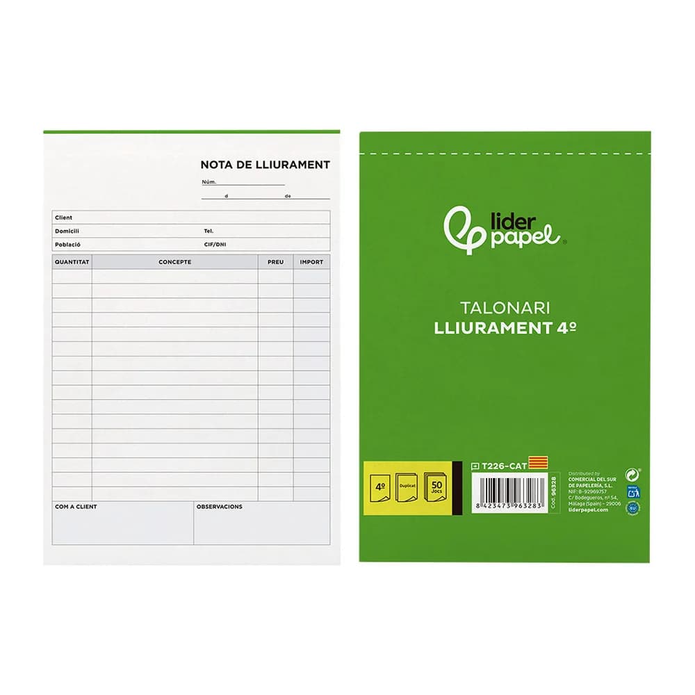 Liderpapel Talonario liderpapel entregas cuarto original y copia t226 texto en catalan