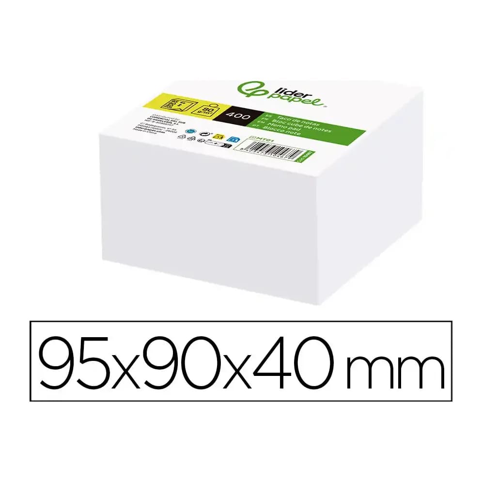 Taco papel liderpapel sin encolar blanco 400 hojas 95x90x40 mm 80 gr