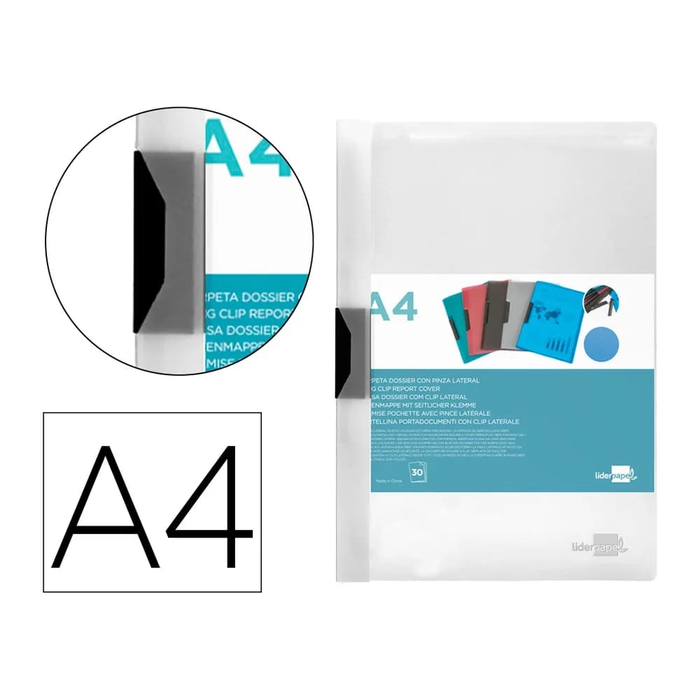 Liderpapel Carpeta liderpapel dossier pinza lateral polipropileno din a4 transparente 30 hojas pinza deslizante
