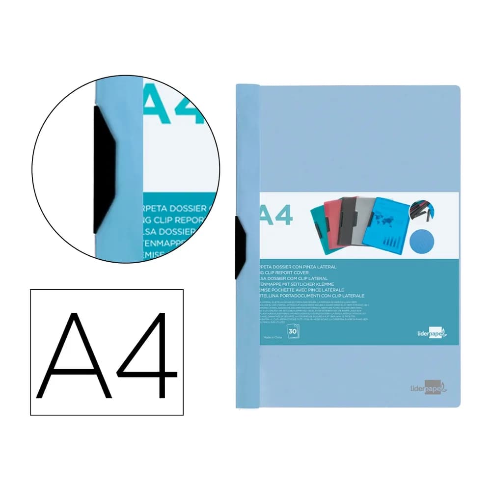 Liderpapel Carpeta liderpapel dossier pinza lateral polipropileno din a4 celeste opaco 30 hojas pinza deslizante