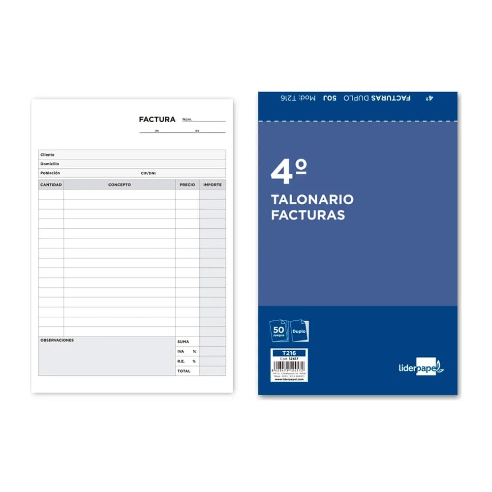 Liderpapel Talonario liderpapel facturas cuarto original y copia t216 con i.v.a.