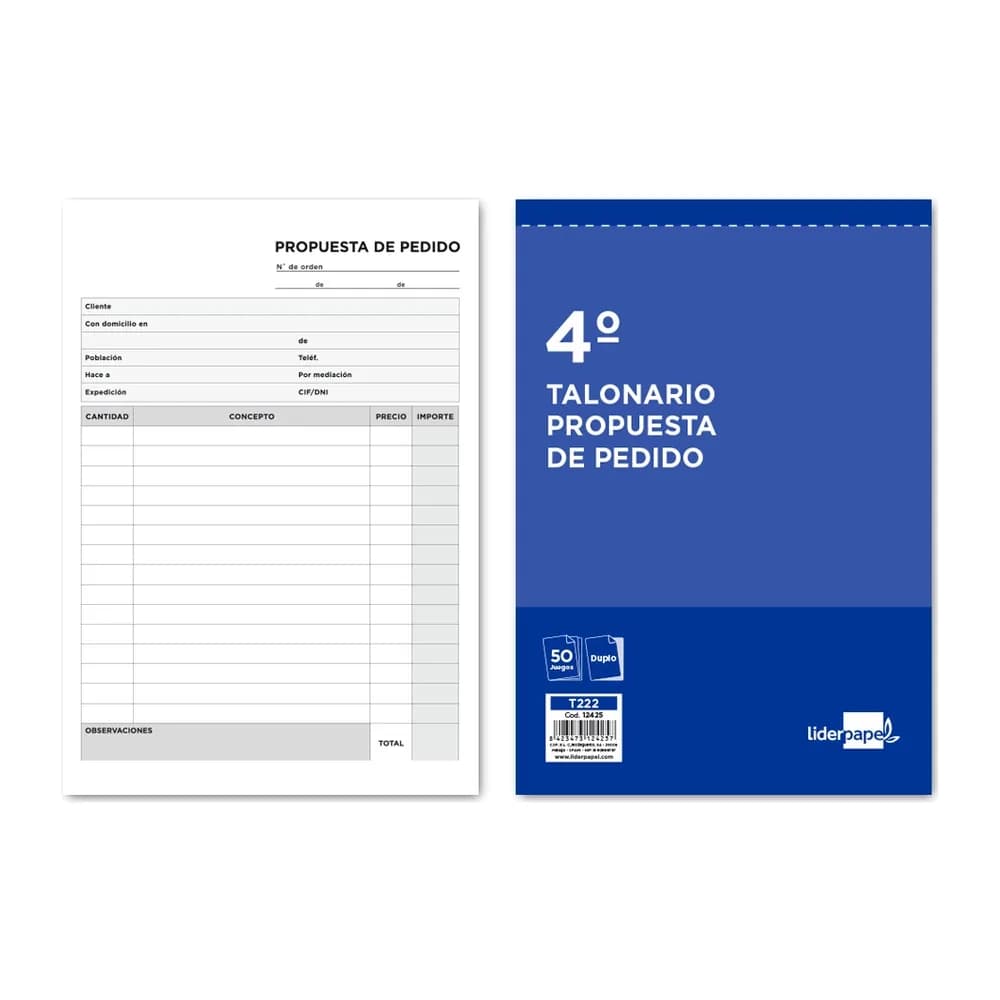 Talonario de pedidos autocopiativo Liderpapel, original y copia – Cuarto