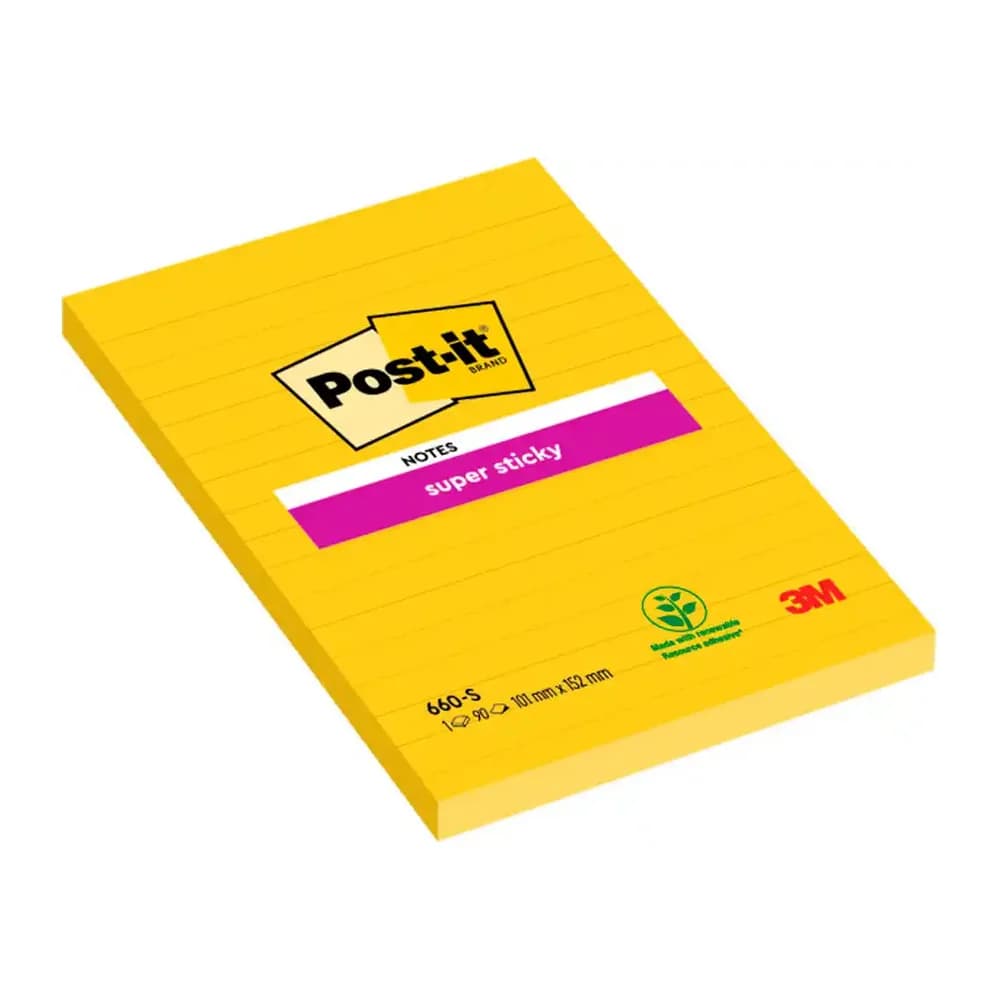 Post-it Bloc de notas adhesivas quita y pon post-it super sticky rayado amarillo ultra 101x152 mm