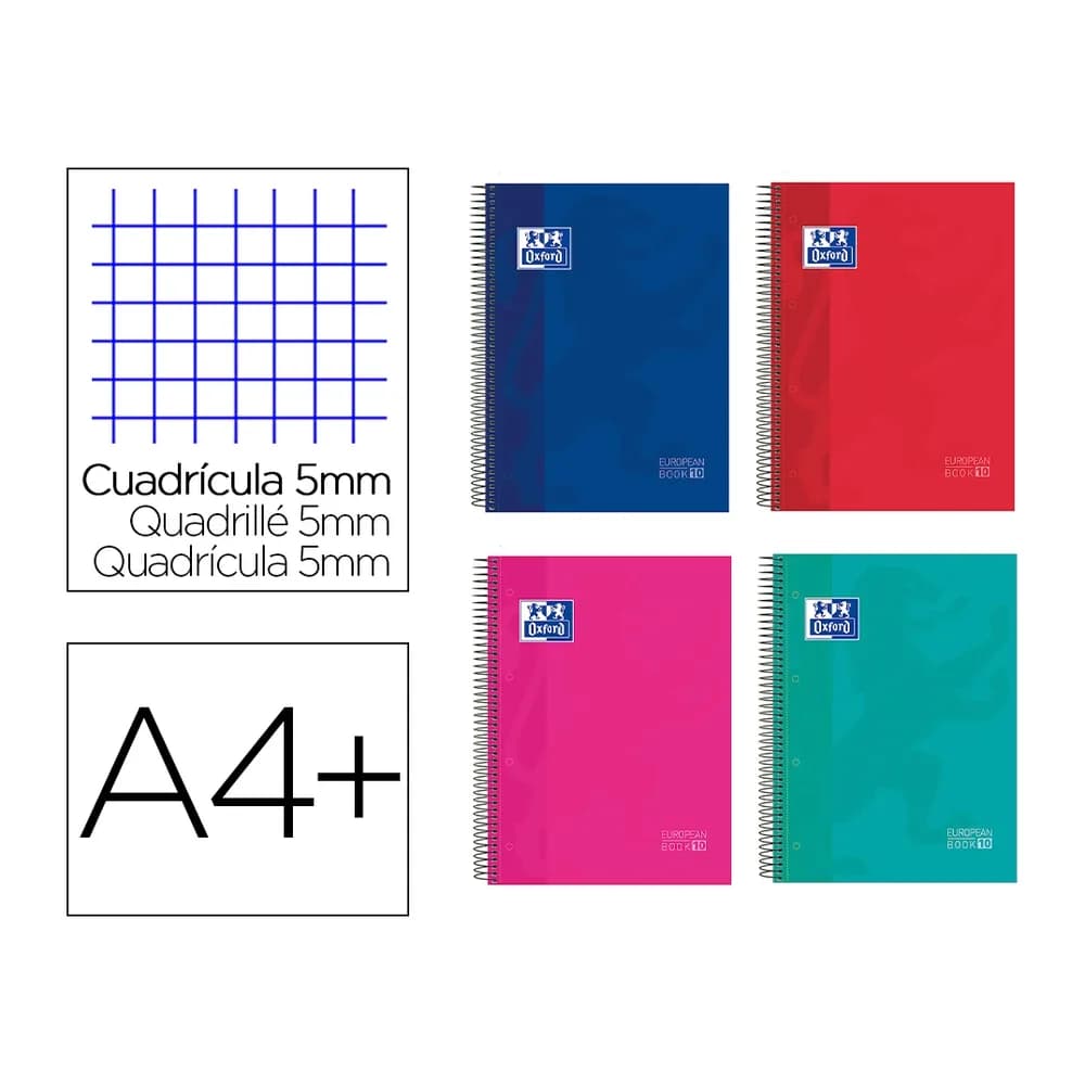 Oxford Cuaderno espiral oxford surt europeanbook 10 school classic tapa extradura din a4+ 150 hojas cuadro 5 mm con
