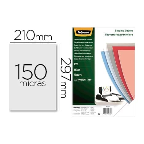 Fellowes Tapa de encuadernacion fellowes din a4 pvc 150 micras transparente pack de 100 unidades