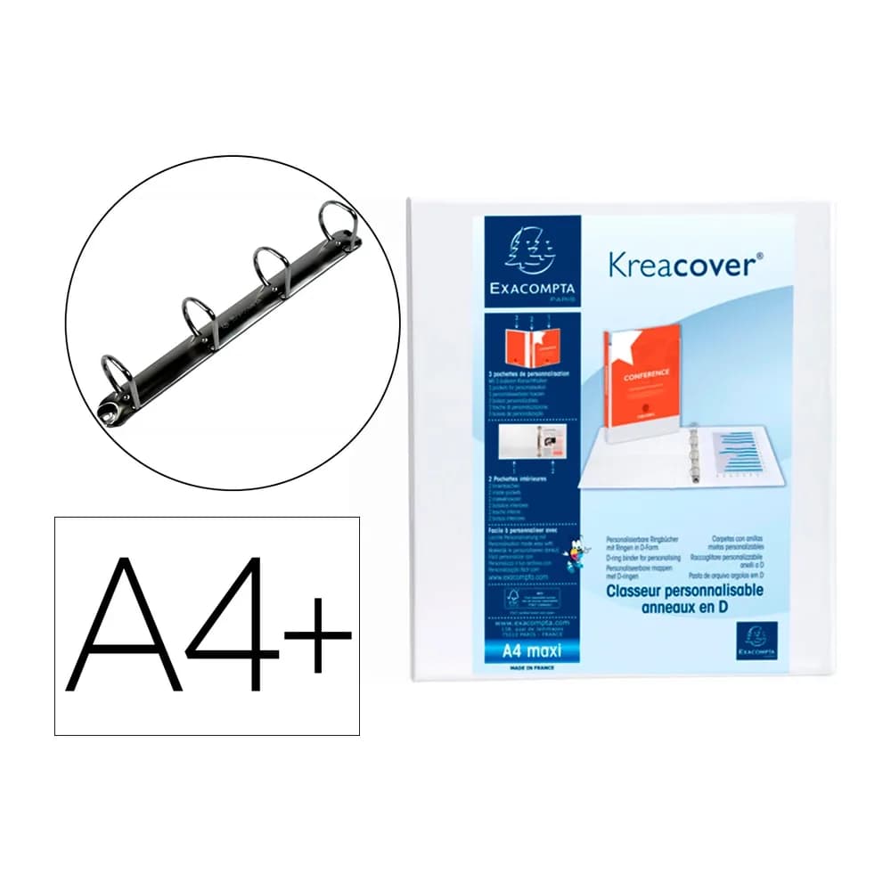 Exacompta Carpeta exacompta canguro 4 anillas 60 mm din a4+ carton forrado polipropileno personalizable 3 bolsillos
