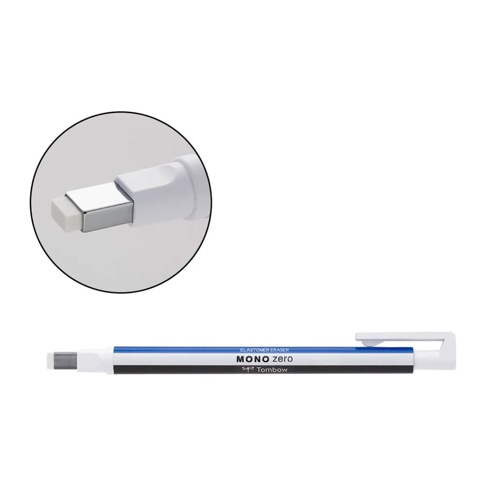 Tombow Portagomas tombow mono zero con clip goma rectangular 2,5 x 5 mm color blanco azul y negro