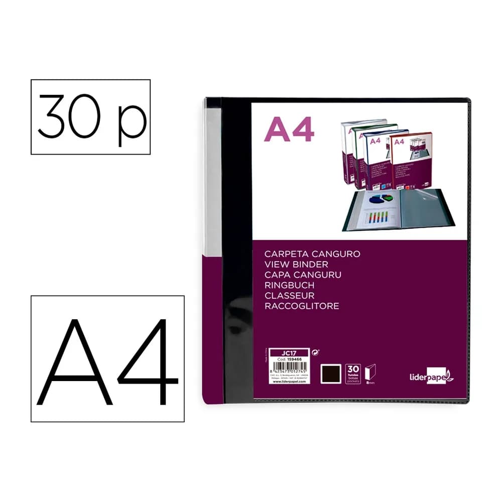Liderpapel Carpeta liderpapel 30 fundas canguro pp din a4 negro opaco portada y lomo personalizable