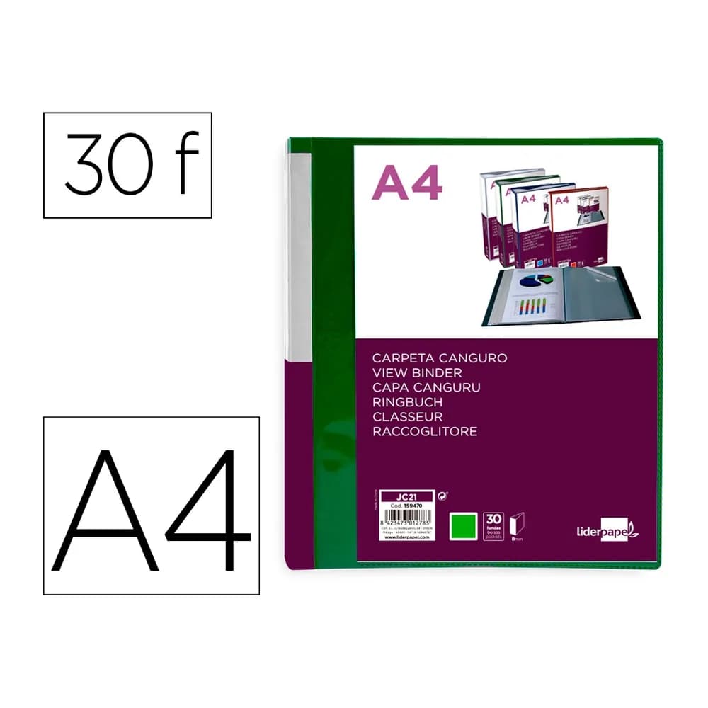 Liderpapel Carpeta liderpapel 30 fundas canguro pp din a4 verde translucido portada y lomo personalizable