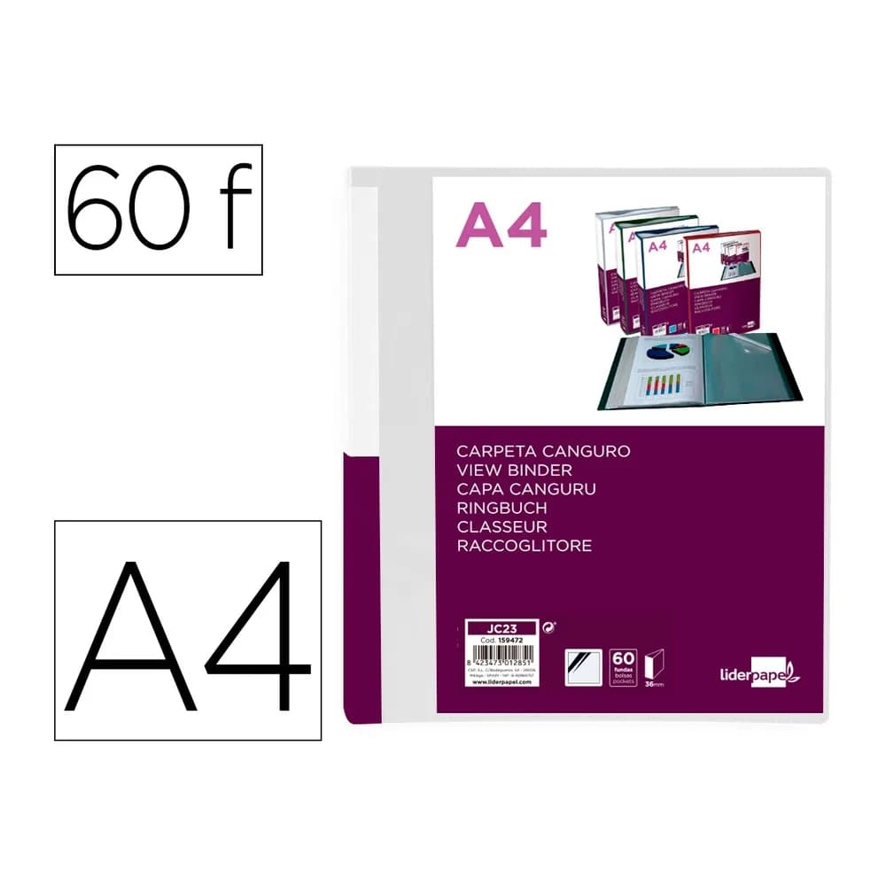 Liderpapel Carpeta liderpapel 60 fundas canguro pp din a4 transparenteportada y lomo personalizable