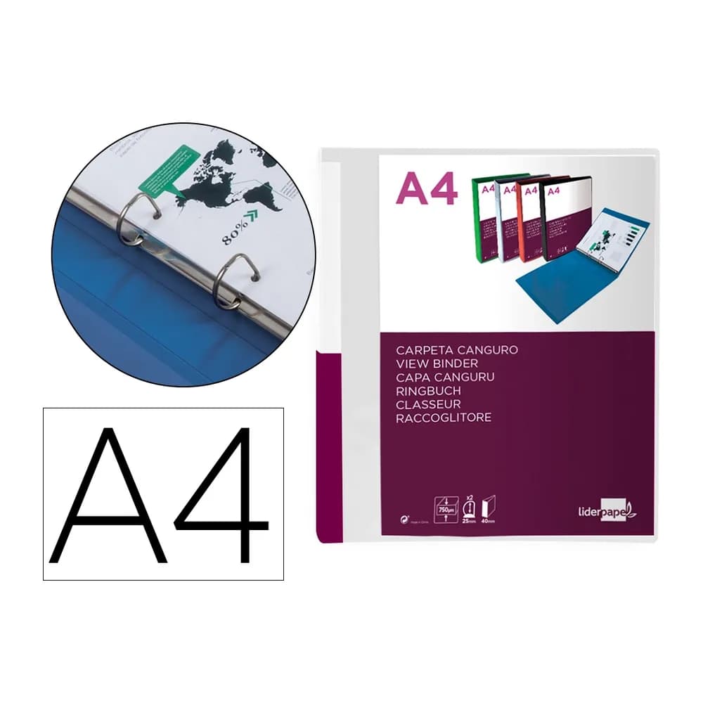 Liderpapel Carpeta liderpapel canguro 2 anillas 25 mm mixtas polipropileno din a4 transparente
