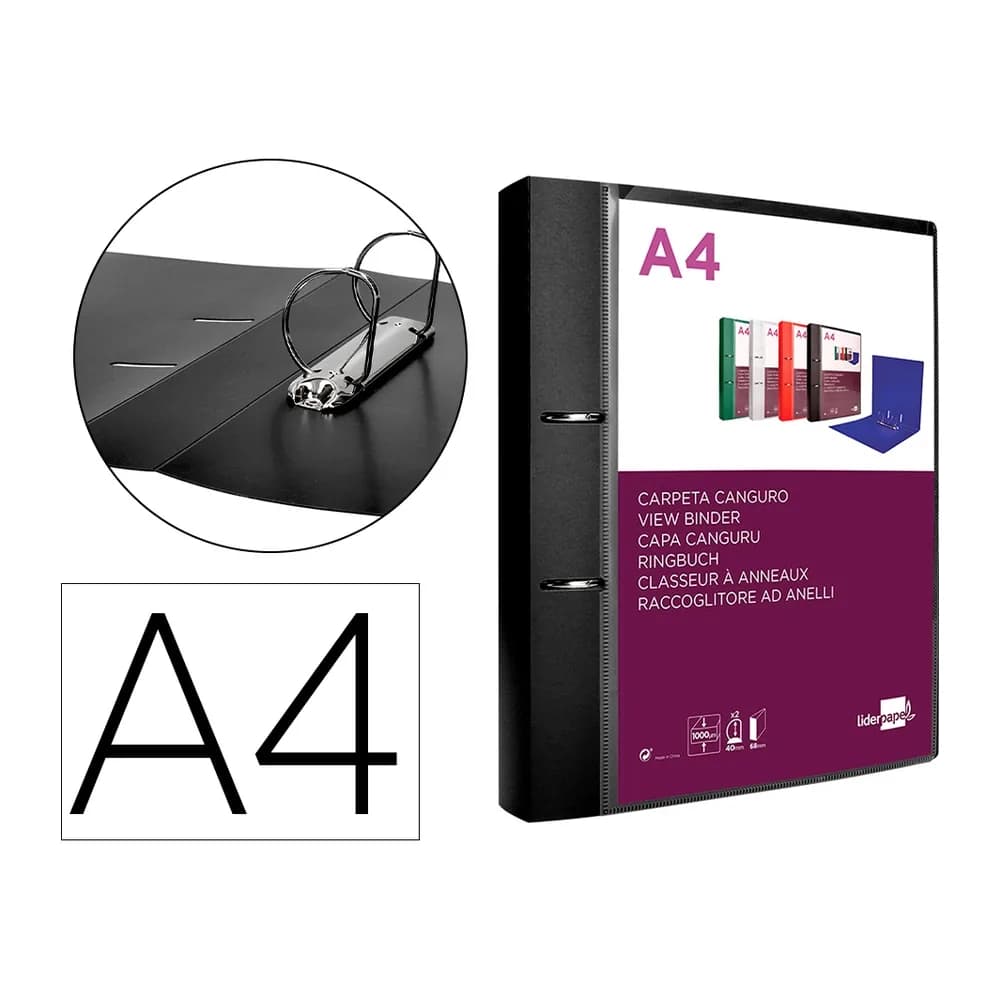 Liderpapel Carpeta liderpapel canguro 2 anillas 40 mm mixtas polipropileno din a4 negro opaco