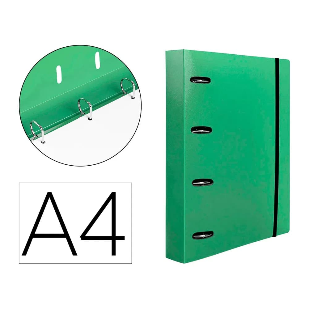 Carpeta con recambio Liderpapel A4 de polipropileno con 4 anillas mixtas de 40 mm, cierre de gomilla y cuadro de 5 mm – Verde translúcido
