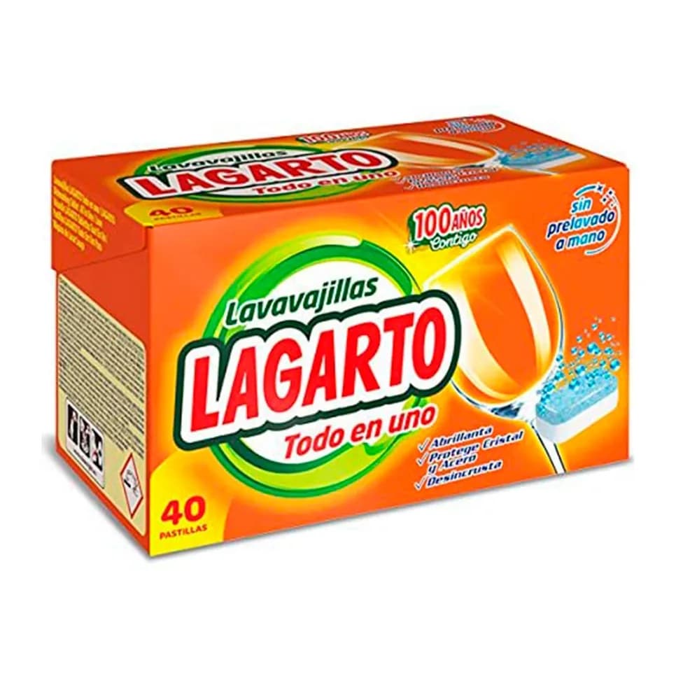 Lagarto Pastilla lavavajillas lagarto todo en uno abrillanta desincrusta y protege sin prelavado caja de 40 unidades