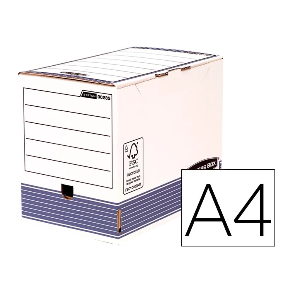 Fellowes Caja archivo definitivo fellowes a4 carton reciclado 100% lomo 200 mm montaje automatico color azul