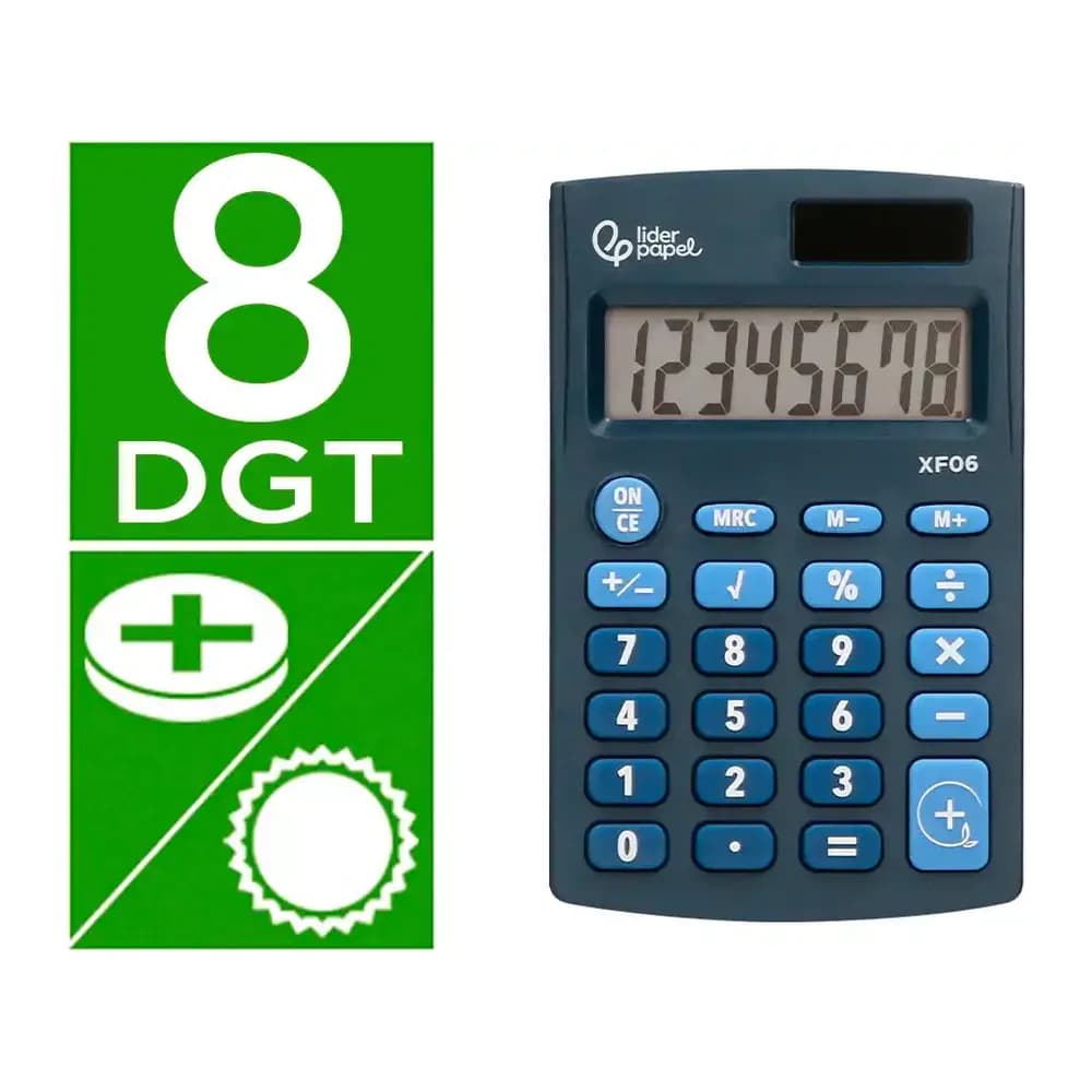 Liderpapel Calculadora liderpapel bolsillo xf06 8 digitos solar y pilas color azul 98x62x8 mm