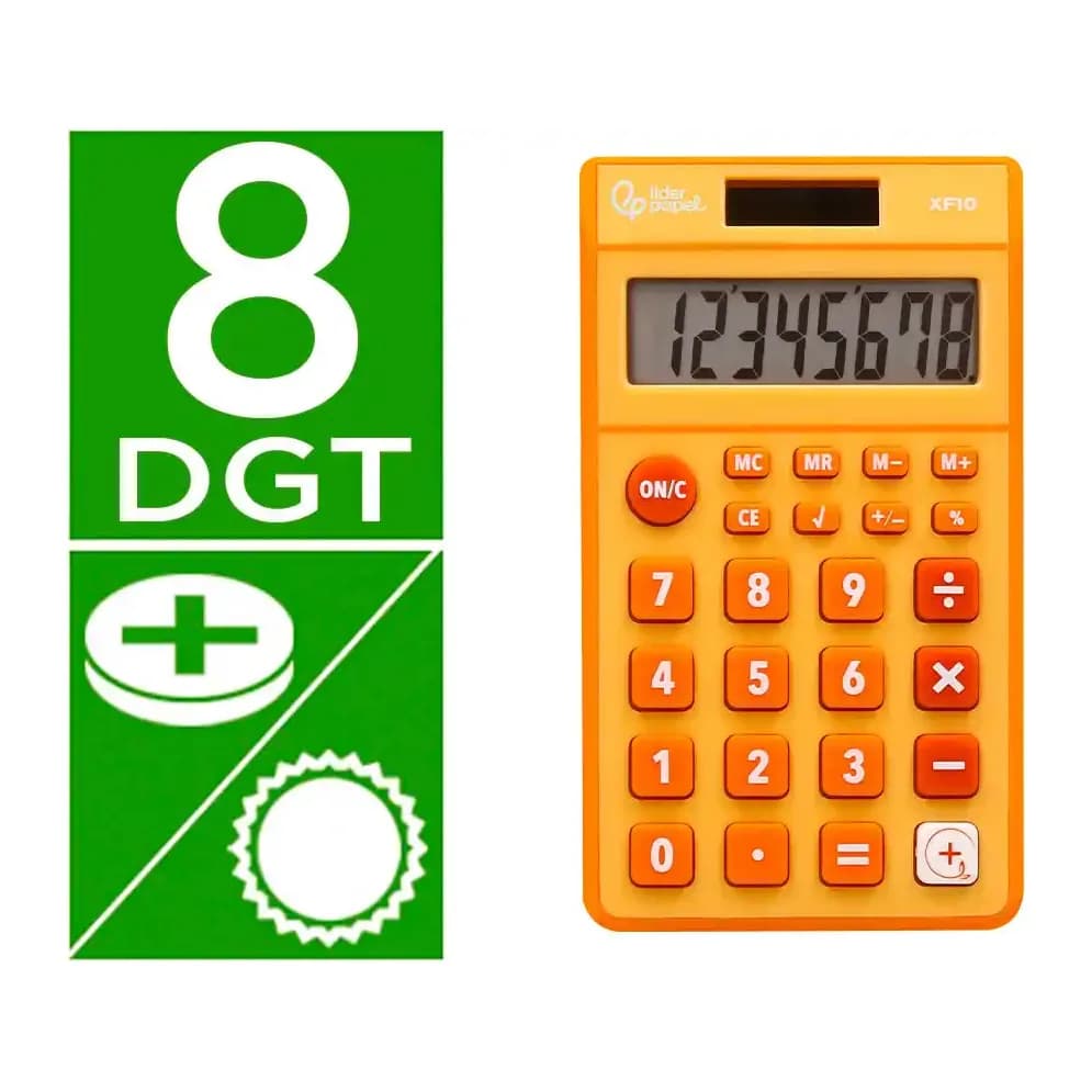 Liderpapel Calculadora liderpapel bolsillo xf10 8 digitos solar y pilas color naranja 115x65x8 mm