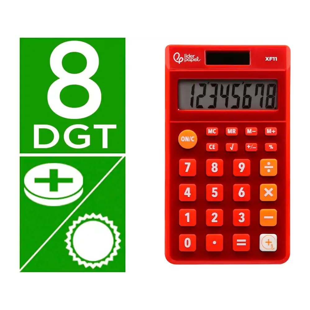 Liderpapel Calculadora liderpapel bolsillo xf11 8 digitos solar y pilas color rojo 115x65x8 mm