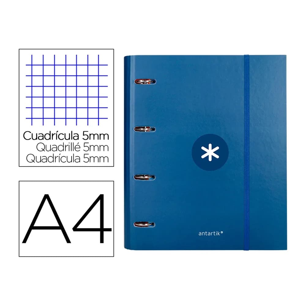 Antartik Carpeta con recambio antartik a4 cuadro 5mm forrada 4 anillas 40mm redondas con solapa color azul marino
