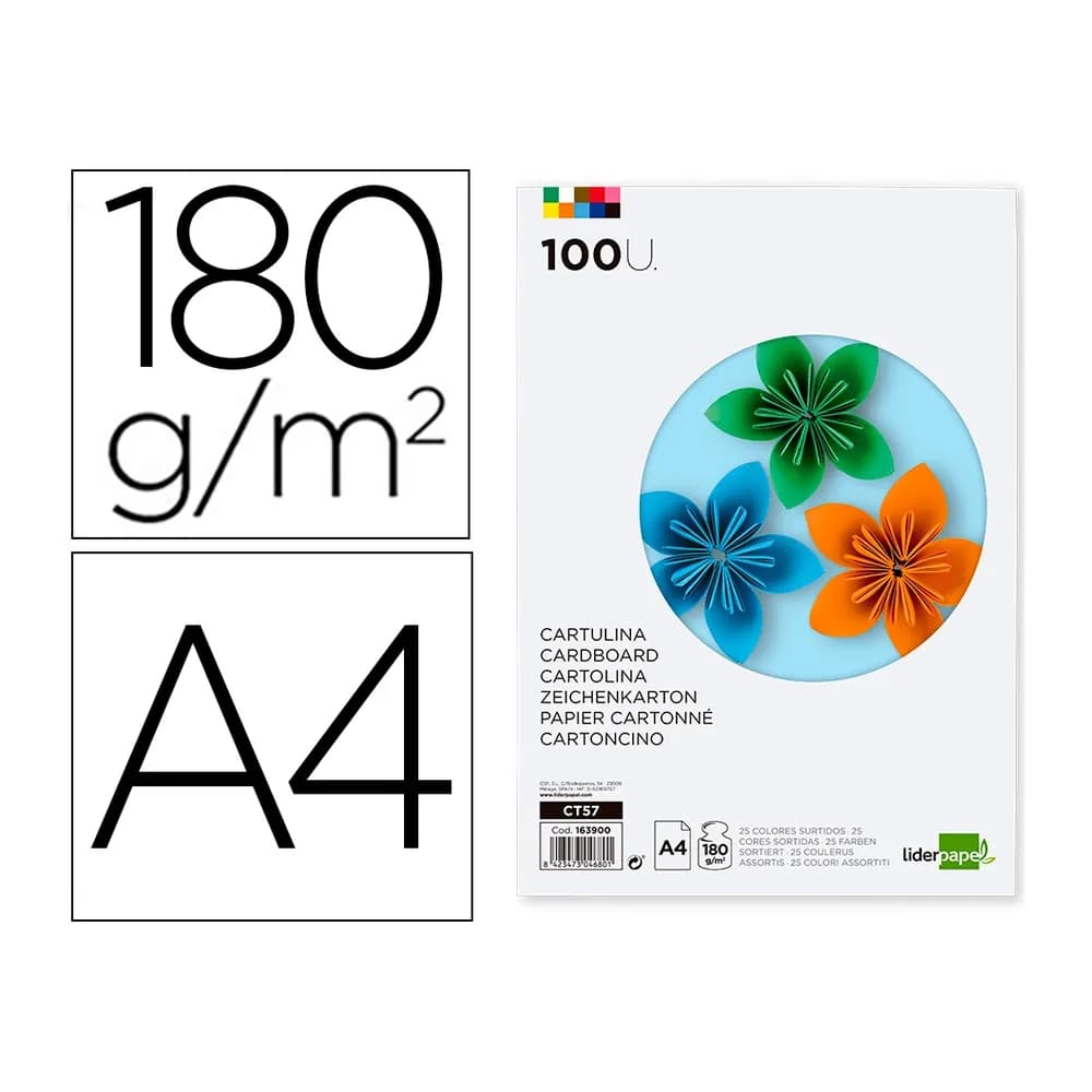 Liderpapel Cartulina liderpapel a4 180g/m2 25 colores surtidos paquete de 100 hojas