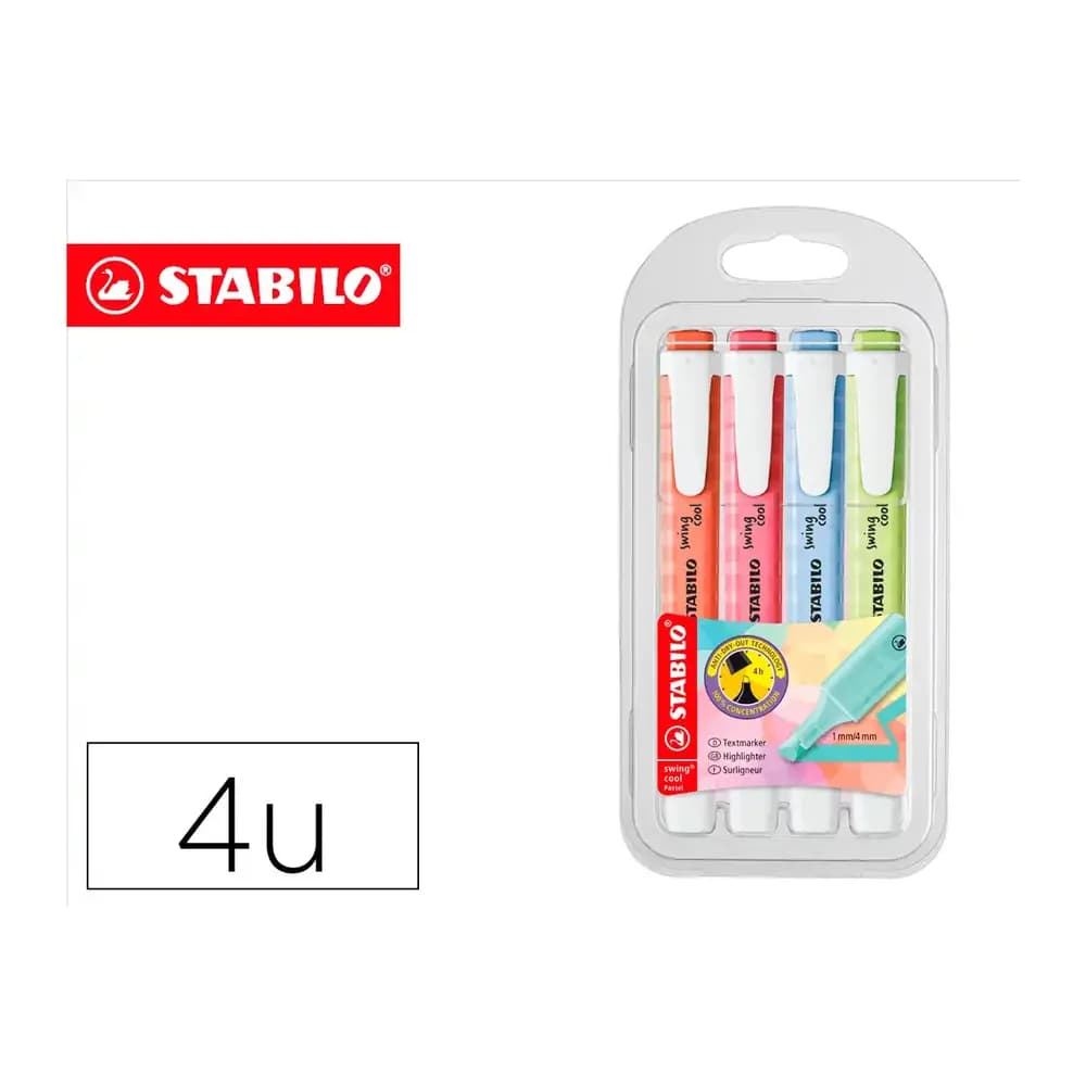 Stabilo Rotulador stabilo fluorescente fino swing cool pastel estuche de 4 unidades colores surtidos
