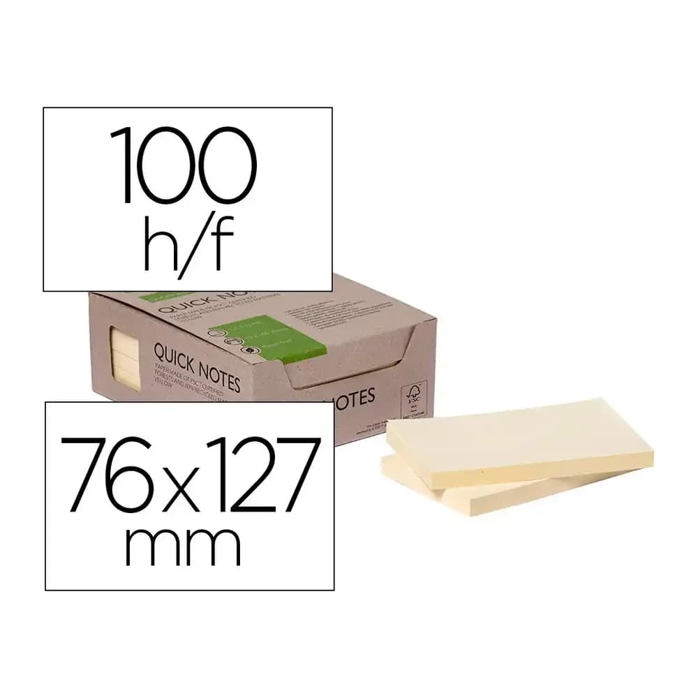 Q-connect Bloc de notas adhesivas quita y pon q-connect 76x127 mm 100% papel reciclado amarillo en caja de carton