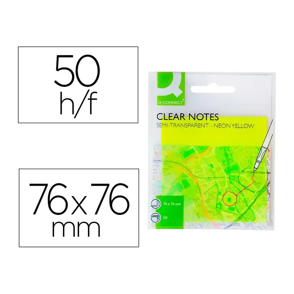 Q-connect Bloc de notas adhesivas quita y pon q-connect 76x76 mm removible plastico translucido amarillo neon con 50 hojas