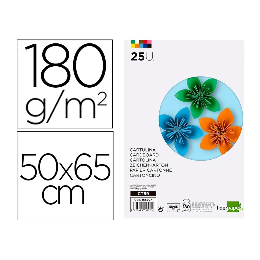 Liderpapel Cartulina liderpapel 50x65 cm 180g/m2 25 colores surtidos paquete de 25 hojas