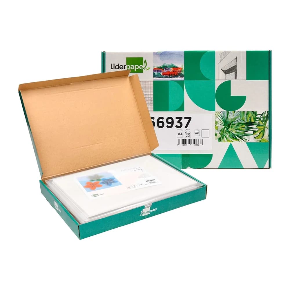 Liderpapel Cartulina liderpapel a4 180g/m2 blanco paquete de 25+5 hojas en carpeta dossier transparente
