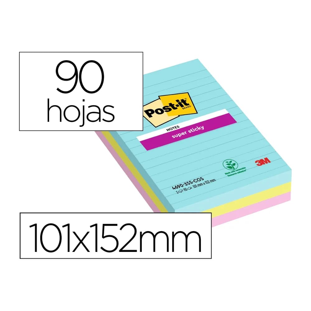Post-it Bloc de notas adhesivas quita y pon post-it super sticky cosmic rayado 90 hojas 101x152 mm paquete de 3 unidades