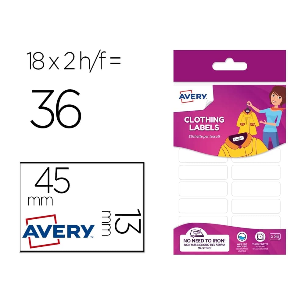Avery Etiqueta avery para textil sin planche 45x13 mm blister de 36 unidades