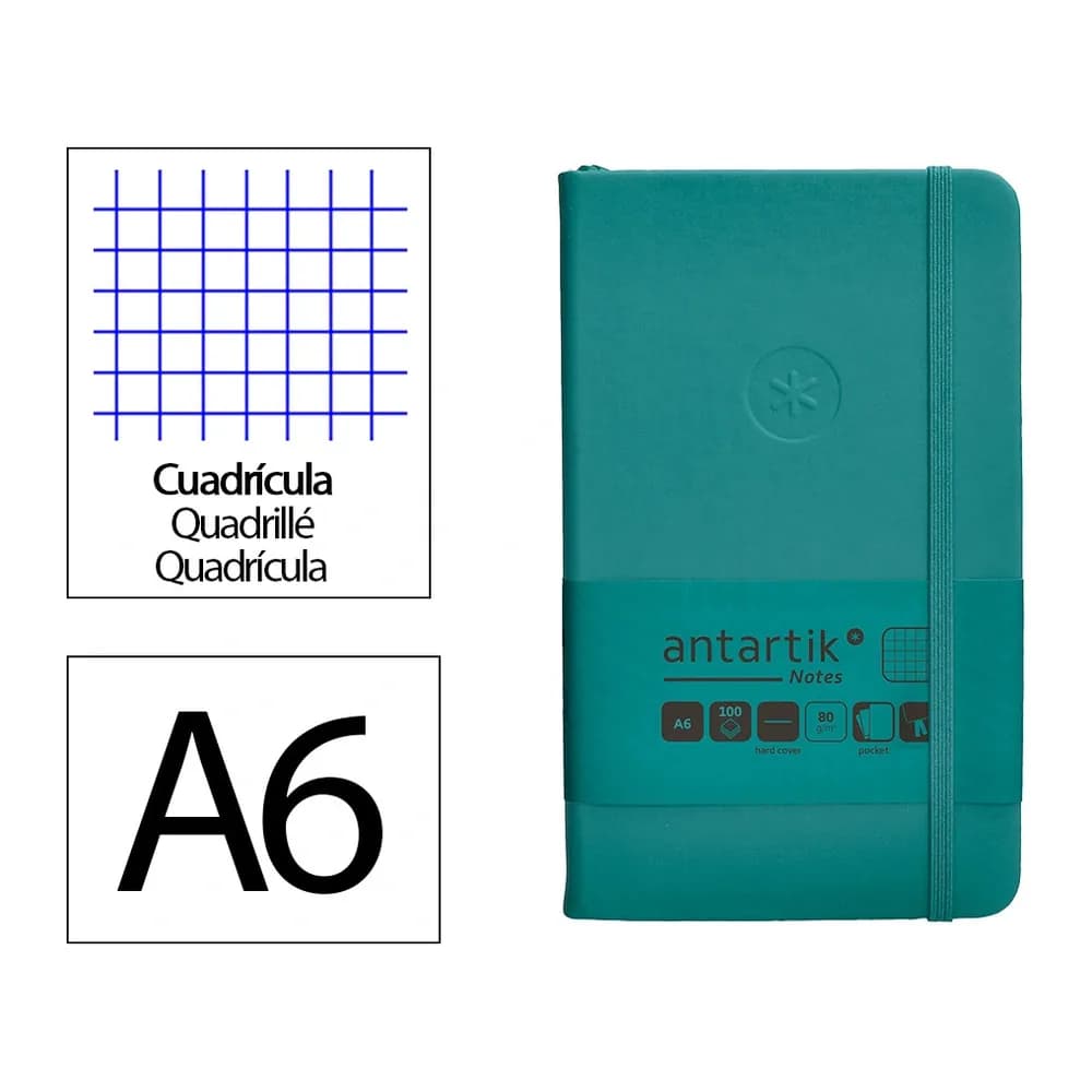 Antartik Cuaderno con gomilla antartik notes tapa dura a6 hojas cuadricula verde aguamarina 100 hojas 80 gr