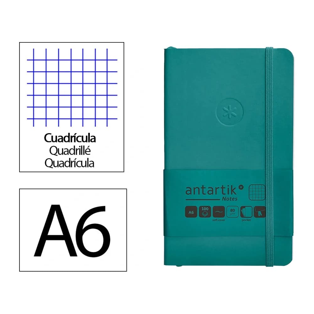 Antartik Cuaderno con gomilla antartik notes tapa blanda a6 cuadricula verde aguamarina 100 hojas 80 gr fsc