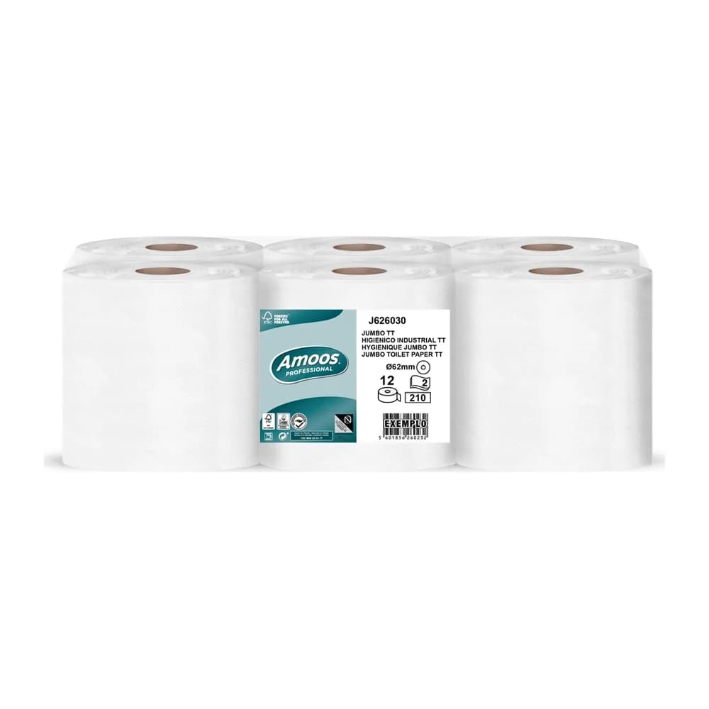 Amoos Papel higienico amoos jumbo industrial 2 capas 30g/m2 paquete de 12 rollos