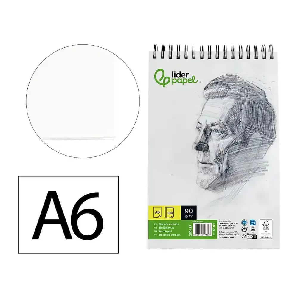 Bloc dibujo liderpapel esbozos espiral din a6 105x148mm 100 hojas 90gr/m2 sin recuadro — A6