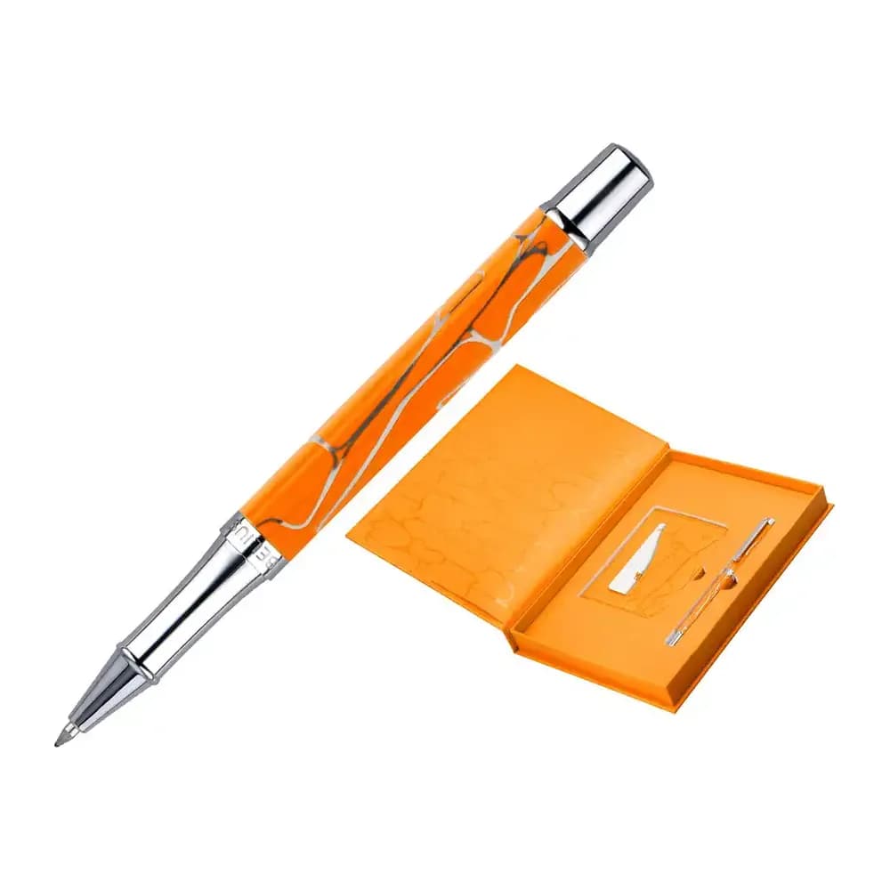 Belius Boligrafo y wallet belius cocktails mimosa aluminio naranja plateado relieve tintacolor azul caja de diseño