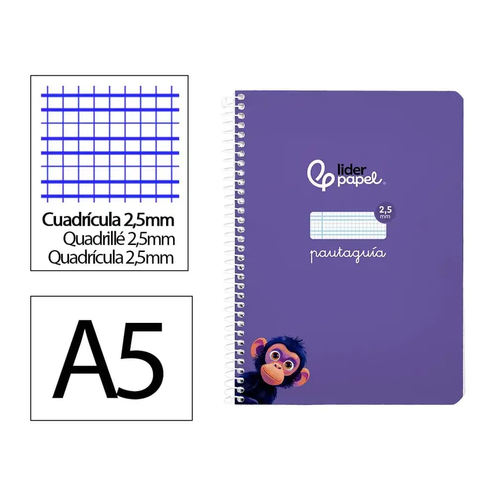 Liderpapel Cuaderno espiral liderpapel a5 pautaguia tapa blanda 40h 75gr cuadro pautado 2,5mm color lila