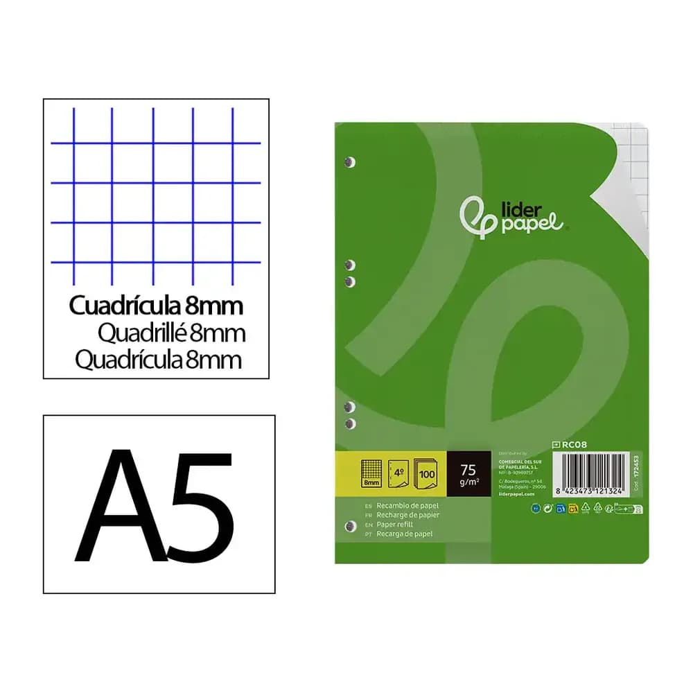 Liderpapel Recambio liderpapel din a5 100 hojas 75 gr cuadro 8mm con margen 6 taladros