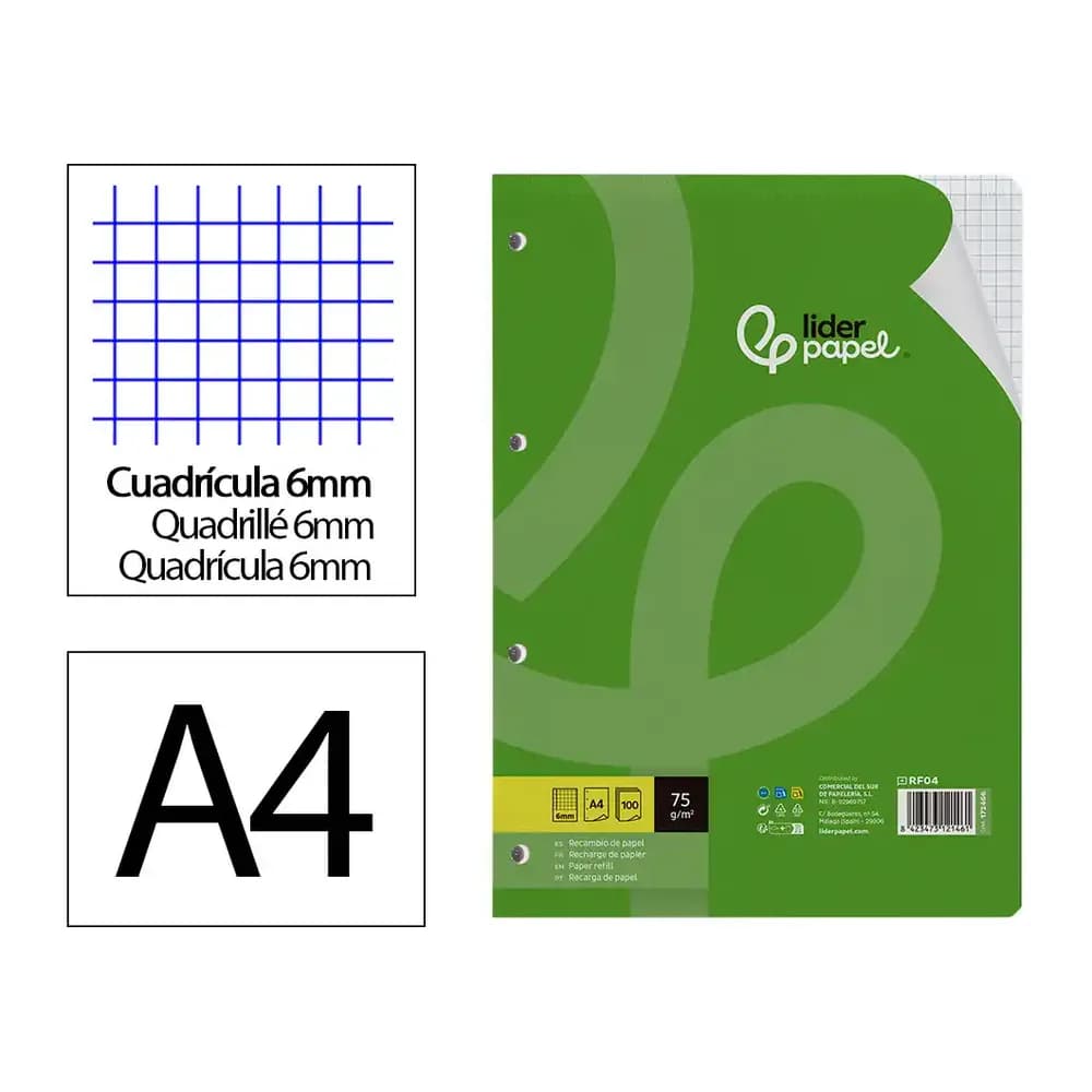 Liderpapel Recambio liderpapel a4 100 hojas 75gr cuadro 6mm 4 taladros con margen